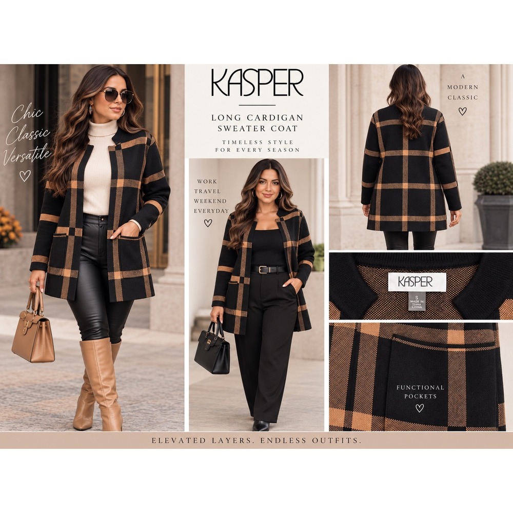 Kasper Women Black Camel Plaid Long Cardigan Sweater Coat Open Front Pockets S